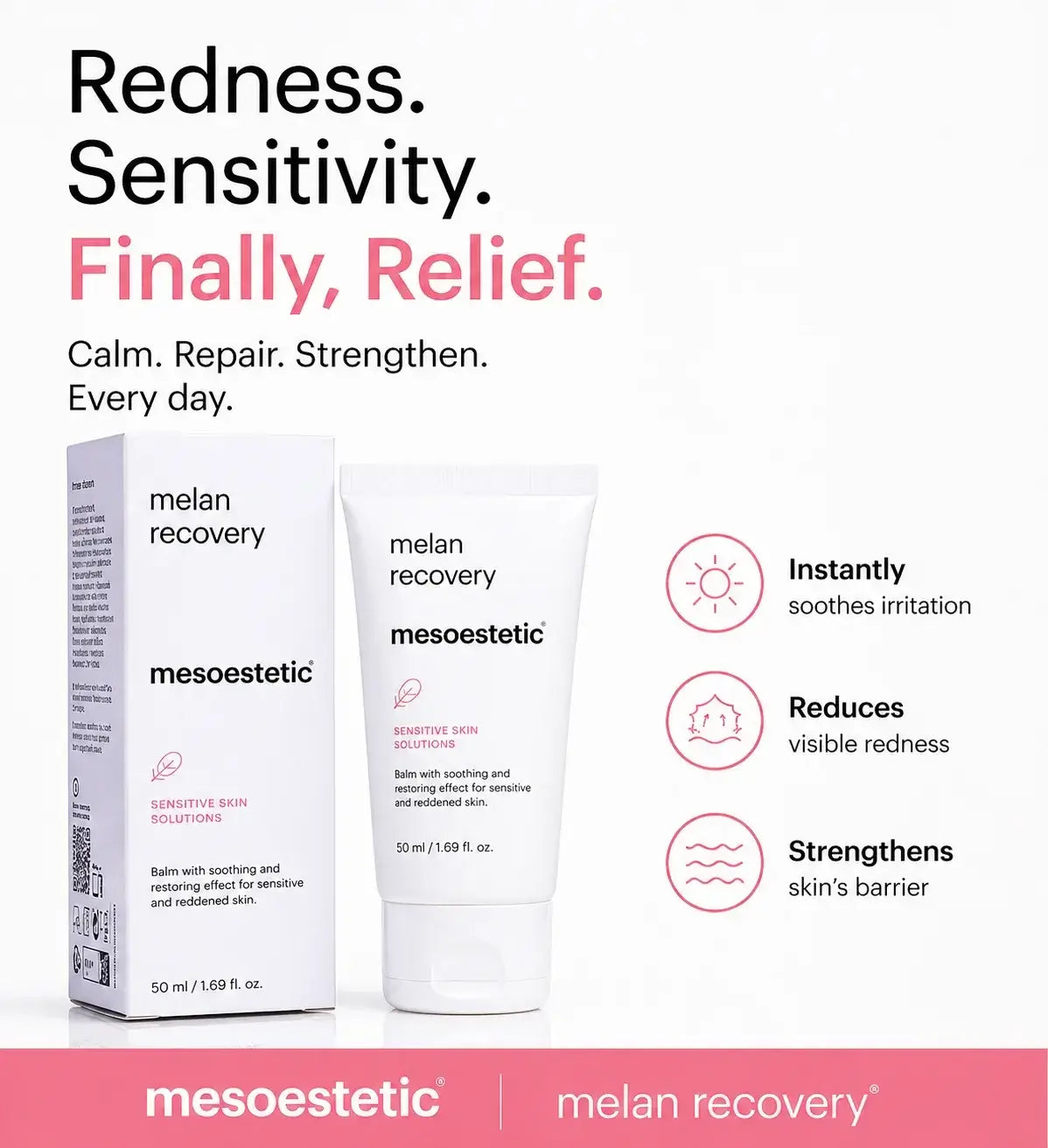 Mesoestetic Melan Recovery Sensitive Skin Solution 50 ml tube and matching box on a white background with marketing text and benefit icons.