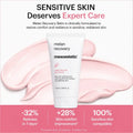 Melan Recovery Balm tube by mesoestetic on a white background with pink cream swatches behind it and marketing text for sensitive skin.