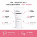 A white tube of mesoestetic 'melan recovery' sensitive skin balm centered on a white background with pink and black marketing text and icons around it. The bottom banner is pink and includes usage information.