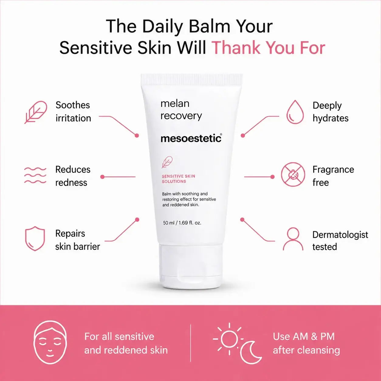 A white tube of mesoestetic 'melan recovery' sensitive skin balm centered on a white background with pink and black marketing text and icons around it. The bottom banner is pink and includes usage information.