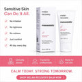 Melan Recovery Mesoesthetic sensitive skin balm shown with its product box and squeeze tube on a white background, accompanied by marketing text and a pink banner with trust icons.
