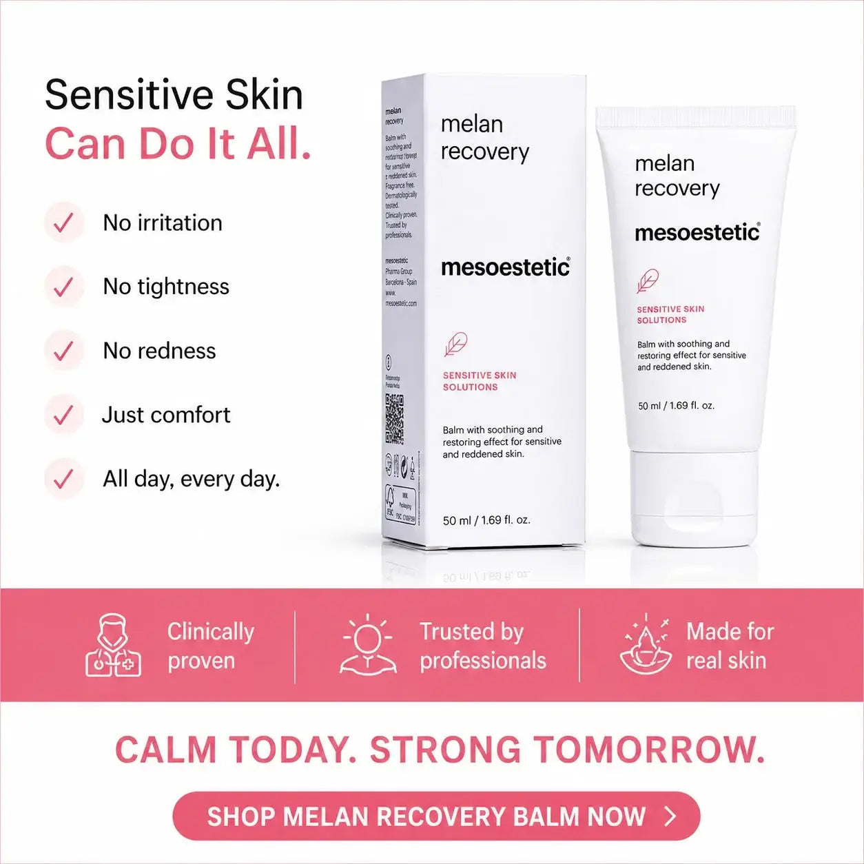 Melan Recovery Mesoesthetic sensitive skin balm shown with its product box and squeeze tube on a white background, accompanied by marketing text and a pink banner with trust icons.