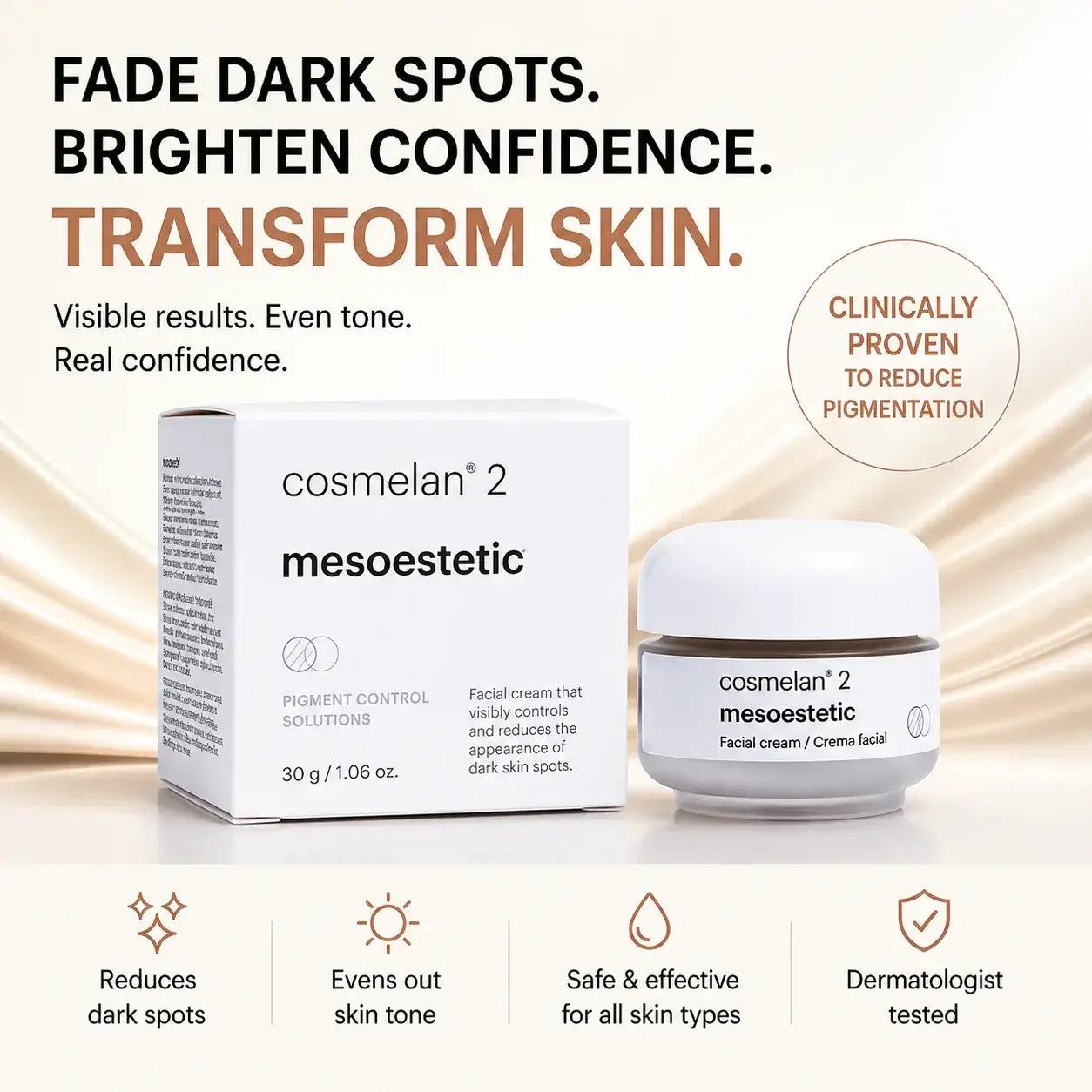 Cosmelan 2 mesoestetic skincare product with packaging on a beige background