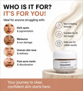 Promotional graphic for a facial cream jar on a light beige background with text and skin close-ups. The product shown is a white jar labeled 'cosmelan 2 mesoesthetic Facial cream / Crema facial'.