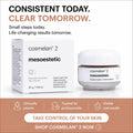 Cosmelan 2 Mesoesthetic Pigment Control Solutions facial cream shown with its white box and white jar on a clean white background, with promotional text above and a peach banner at the bottom.
