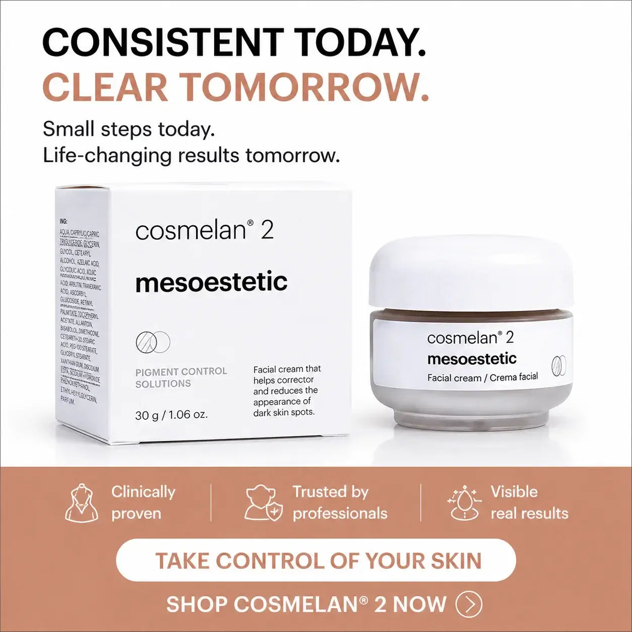Cosmelan 2 Mesoesthetic Pigment Control Solutions facial cream shown with its white box and white jar on a clean white background, with promotional text above and a peach banner at the bottom.