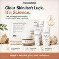 Mesoestetic skincare products with text highlighting their effectiveness and trustworthiness.