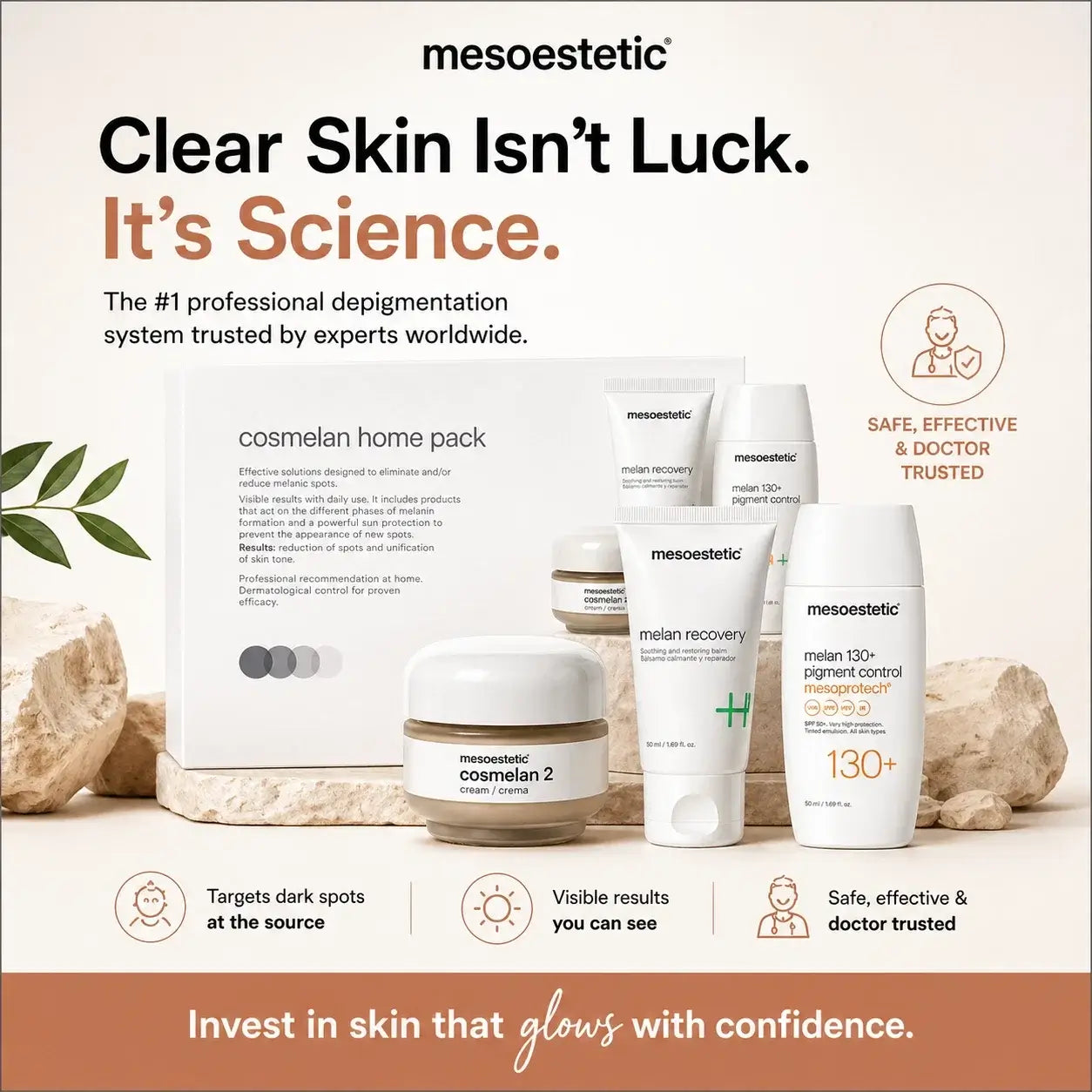 Mesoestetic skincare products with text highlighting their effectiveness and trustworthiness.