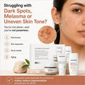 Cosmelan home care set displayed on a beige surface next to a close-up of a woman's face, with text highlighting skin concerns like dark spots, melasma, and uneven skin tone.