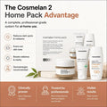 Mesocosetic Cosmelan 2 Home Pack Advantage set featuring multiple skincare products including a cream, serums, and a treatment jar, displayed alongside marketing text and icons on a clean white and orange background.