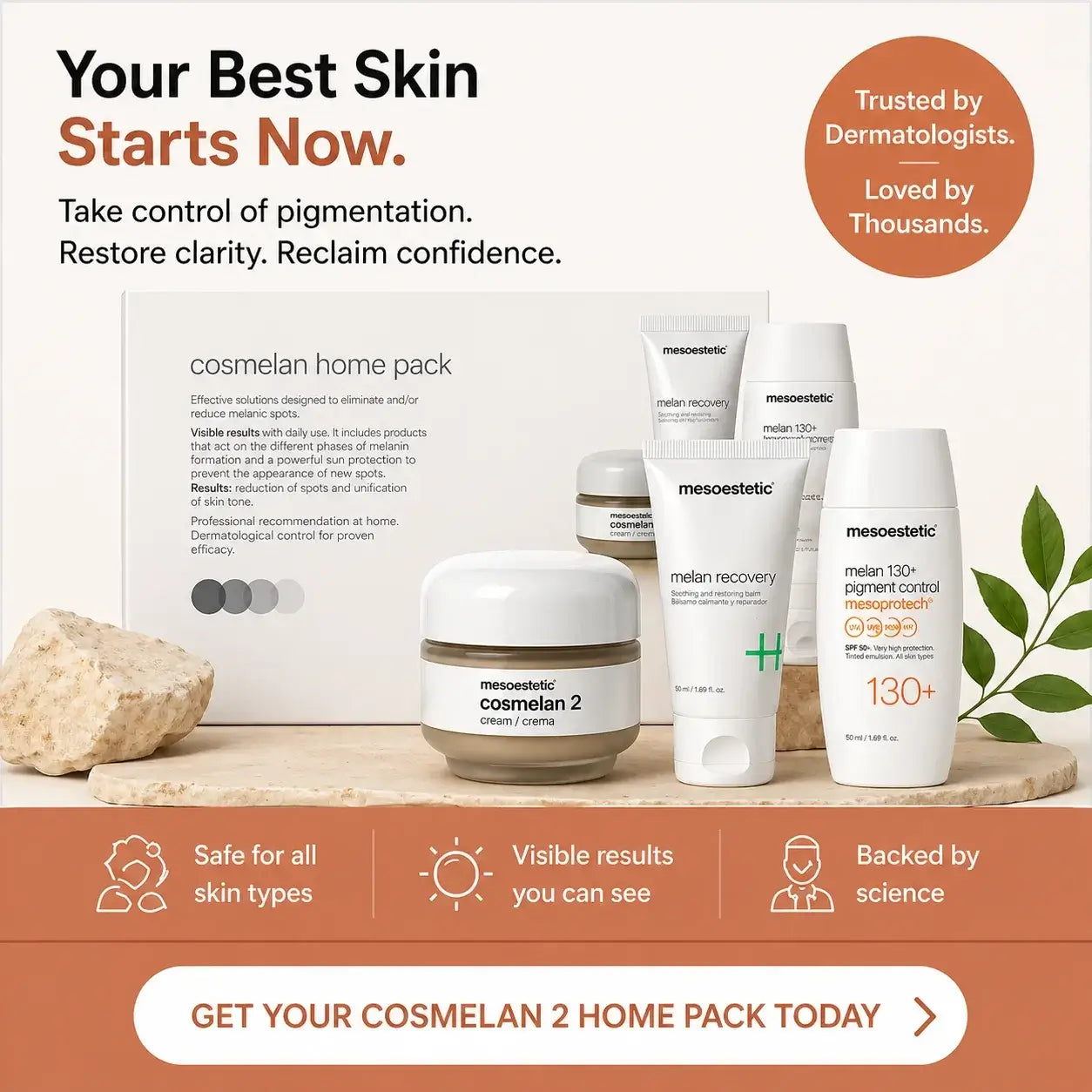 Cosmetic products with text about skin care and trust from dermatologists on a white background.