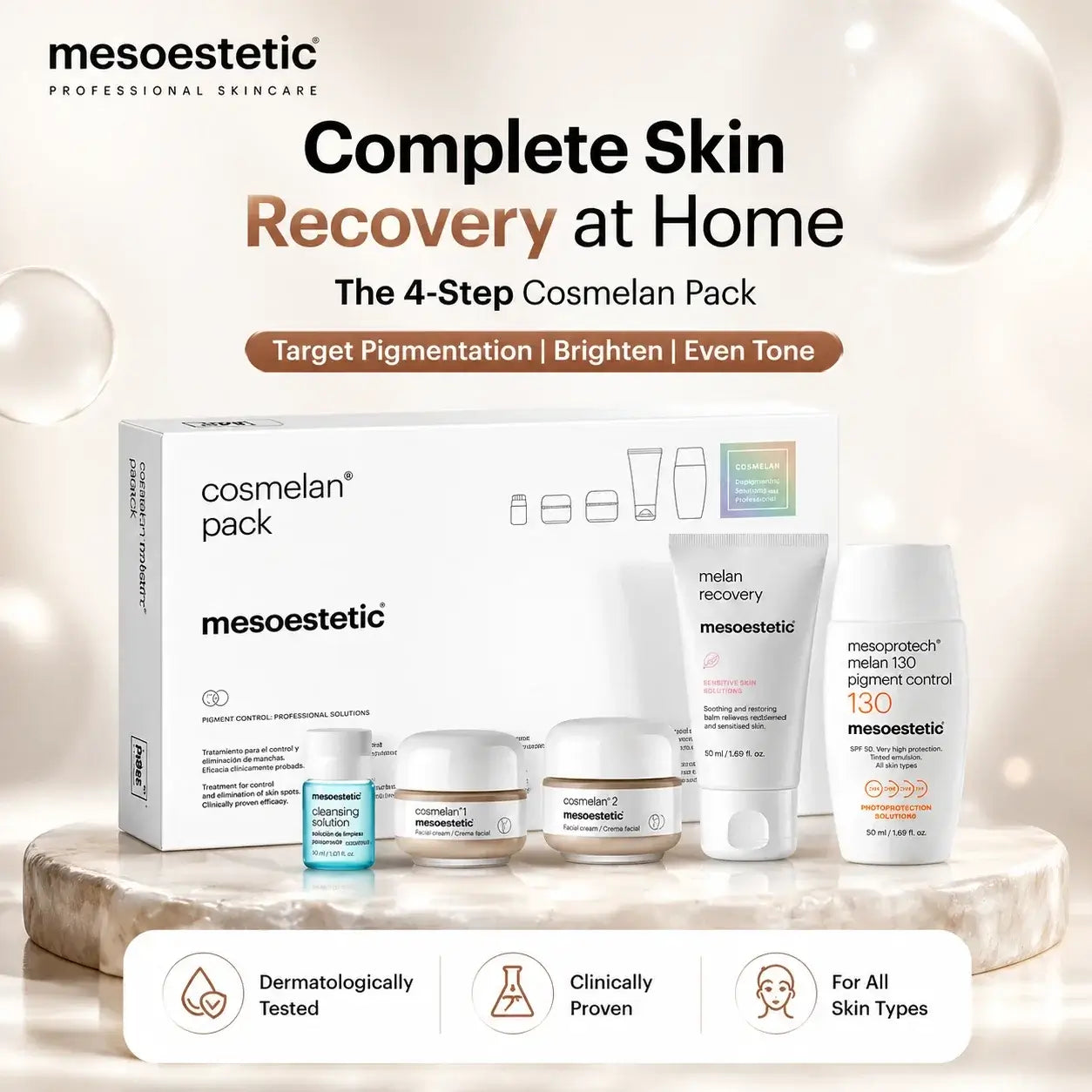 Mesoestetic Cosmelan Pack full kit box with step-by-step usage details