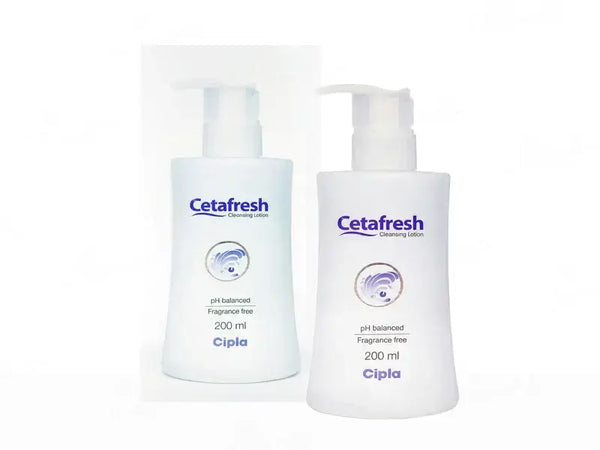 Two white pump bottles of Cetafresh Cleansing Soap by Cipla, one with a clear front panel and one solid white, shown on a plain white background.