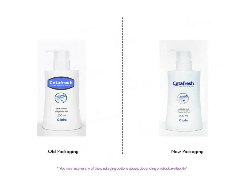 Two white pump bottles of Cetafresh Cleansing Soap by Cipla, one with a clear front panel and one solid white, shown on a plain white background.