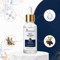 Cosmeticcka Simple Essence Glow & Anti-Ageing Face Serum in a clear glass dropper bottle with a gold collar and white label, displayed on a white marble pedestal with decorative botanical graphics and ingredient callouts.