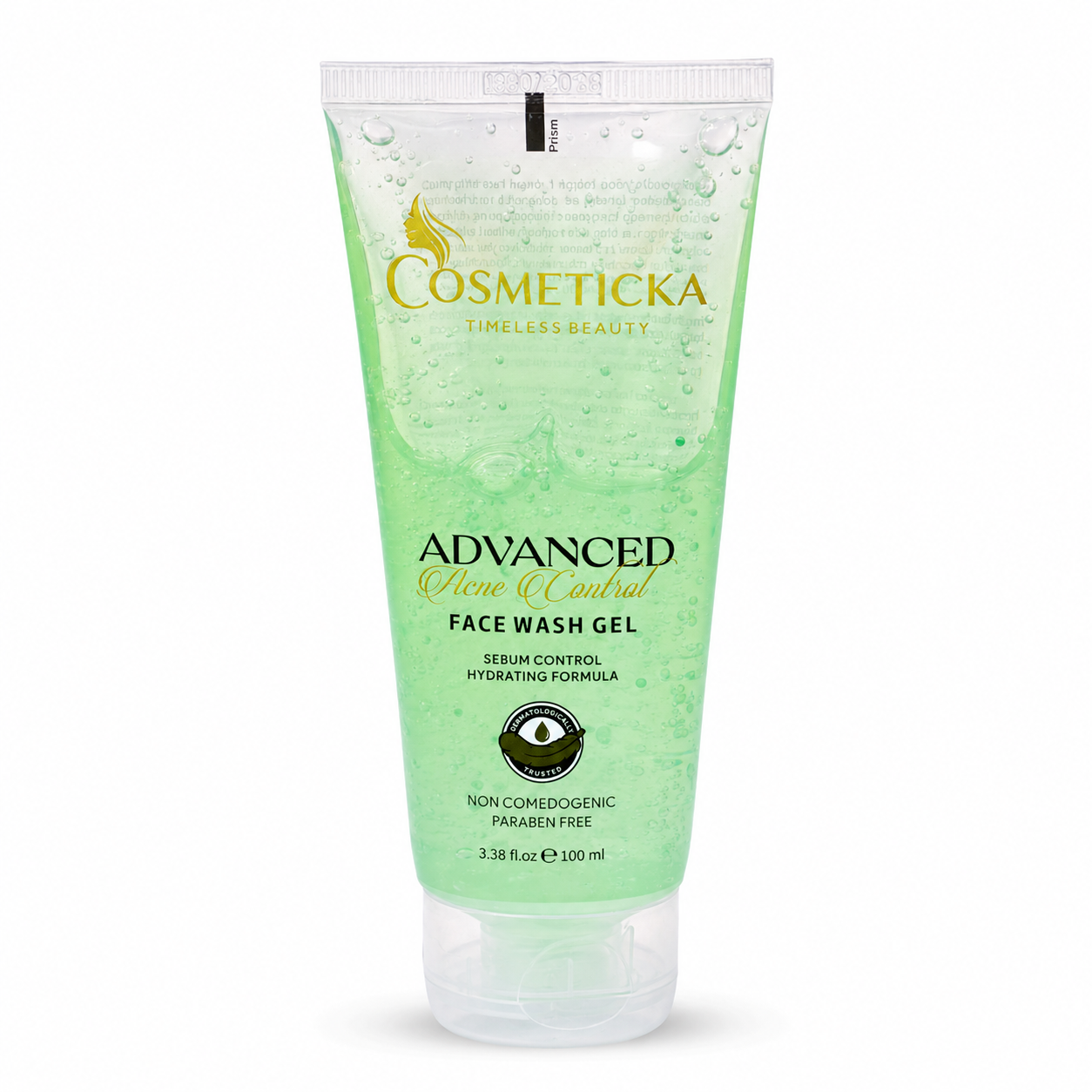 Cosmeticka Advanced Clear Control Face Wash Gel in a 100 ml squeeze tube, featuring a light green gel inside with gold and black text, set against a plain white background.