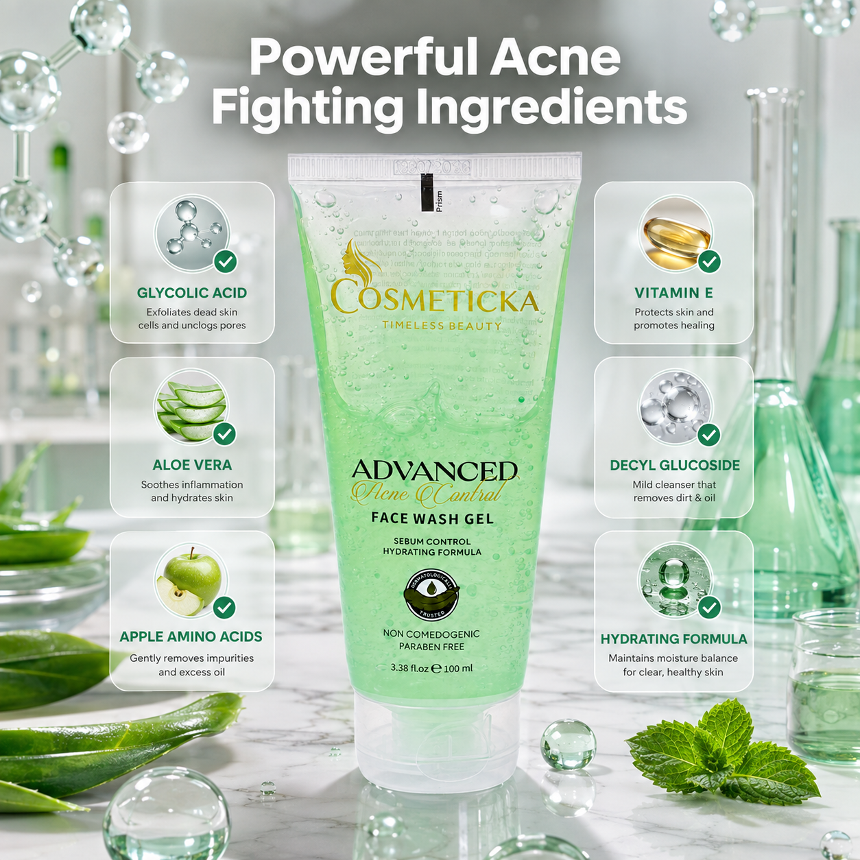 Cosmeticka Advanced Cleanse Face Wash Gel tube centered on a glossy white surface, surrounded by ingredient callout panels and cosmetic-themed props including green leaves, mint, glass bottles, and floating droplets. Text at the top reads 'Powerful Acne Fighting Ingredients.