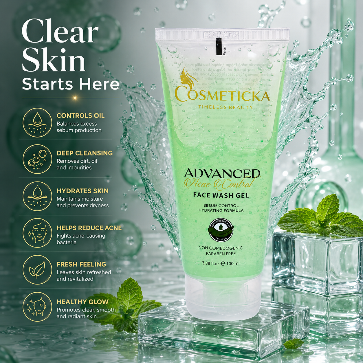 Cosmeticcka Advanced Pure Skin Gel Face Wash in a translucent light green squeeze tube, displayed on a reflective surface with water splashes, mint leaves, and glass blocks. The left side features marketing text and icons detailing skin benefits.