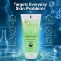 Cosmeticka Advanced Nourish Face Wash Gel in a light green squeeze tube, set against a dark blue digital background with scientific graphics, water splashes, and text highlighting skin problems it targets.