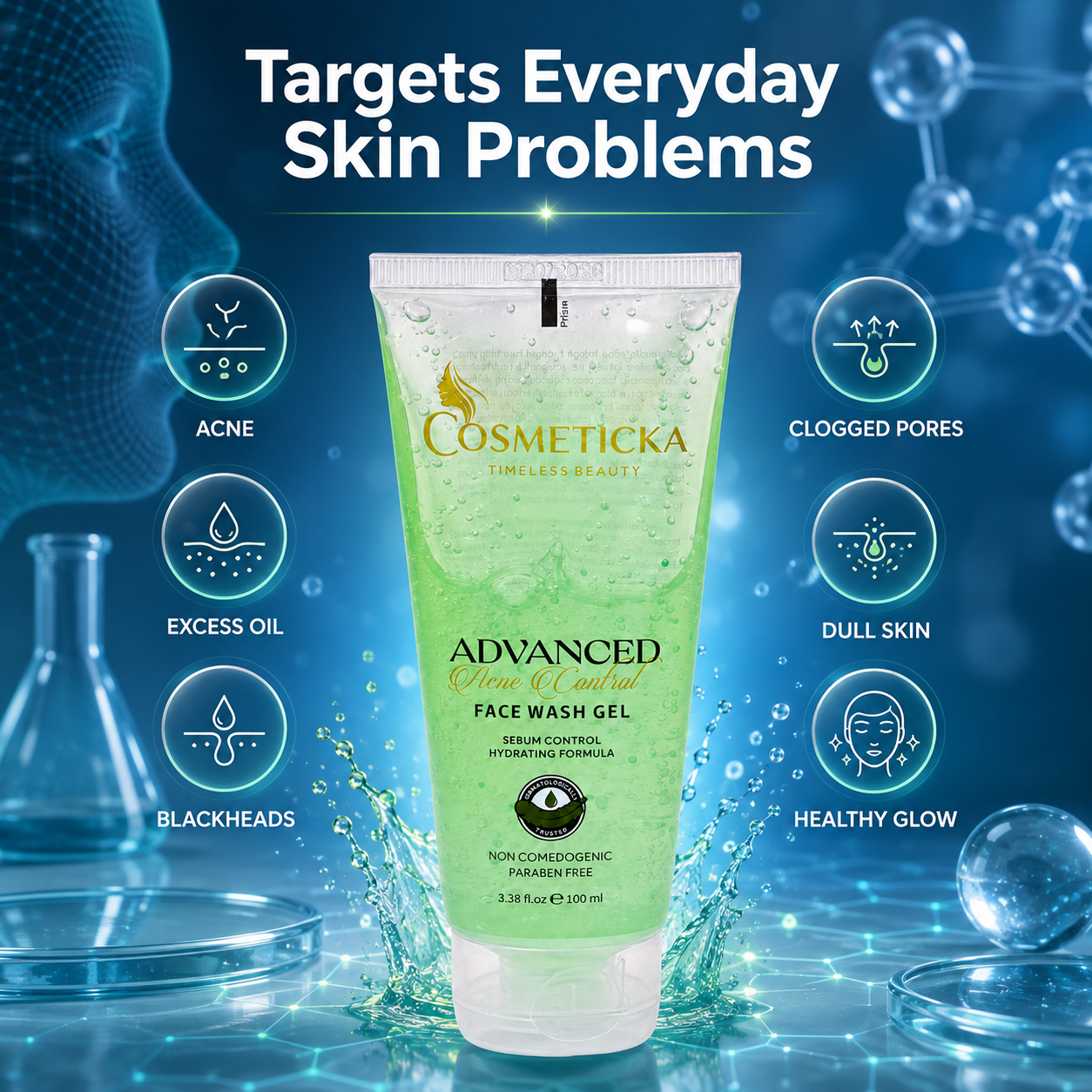 Cosmeticka Advanced Nourish Face Wash Gel in a light green squeeze tube, set against a dark blue digital background with scientific graphics, water splashes, and text highlighting skin problems it targets.