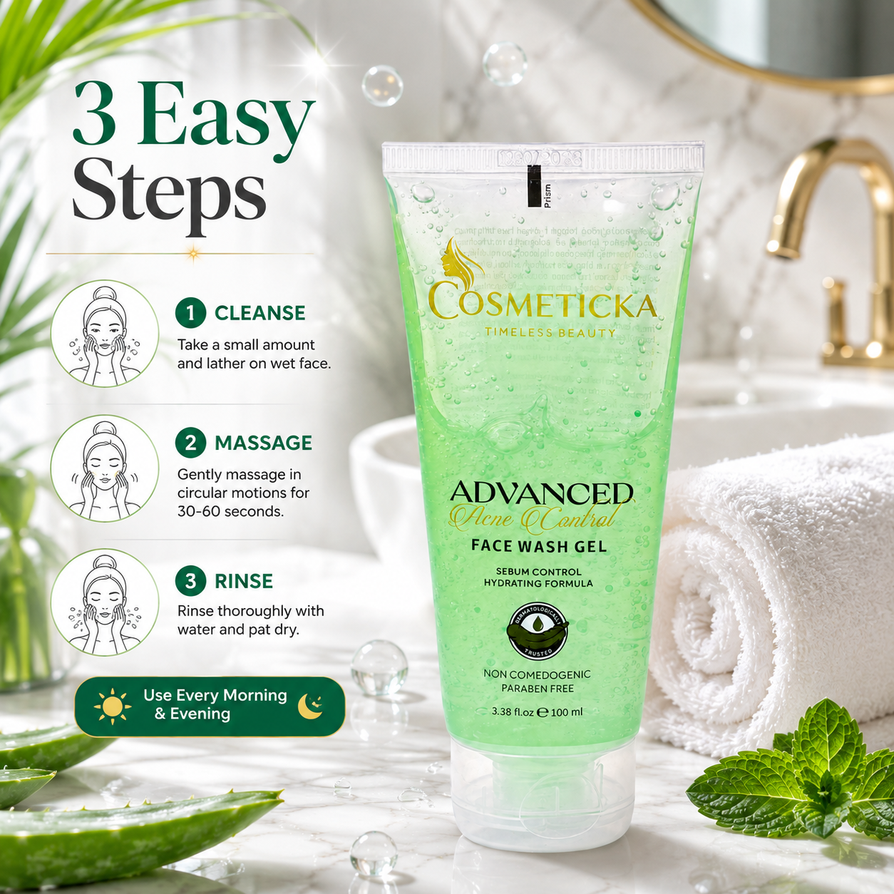 Cosmeticcka Advanced Botanical Face Wash Gel in a translucent light green squeeze tube, displayed on a marble countertop with a gold faucet, white towels, mint leaves, and aloe vera. The left side features a graphic explaining the three easy steps of the face wash routine.