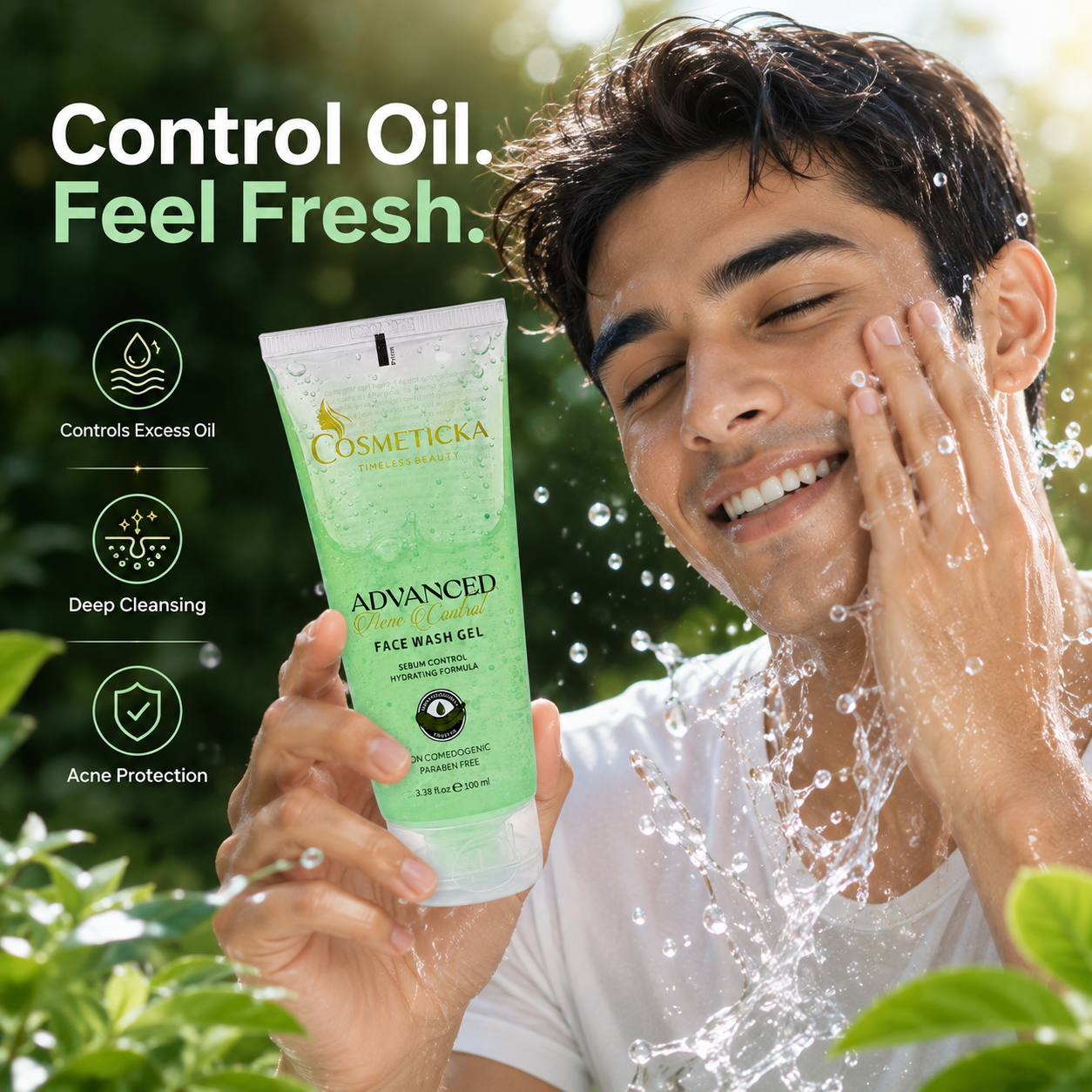 A man outdoors washing his face with water while holding a tube of Cosmeticka Advanced Face Wash Gel. The image features promotional text on the left detailing the benefits of the face wash, with green foliage and water splashes in the background.