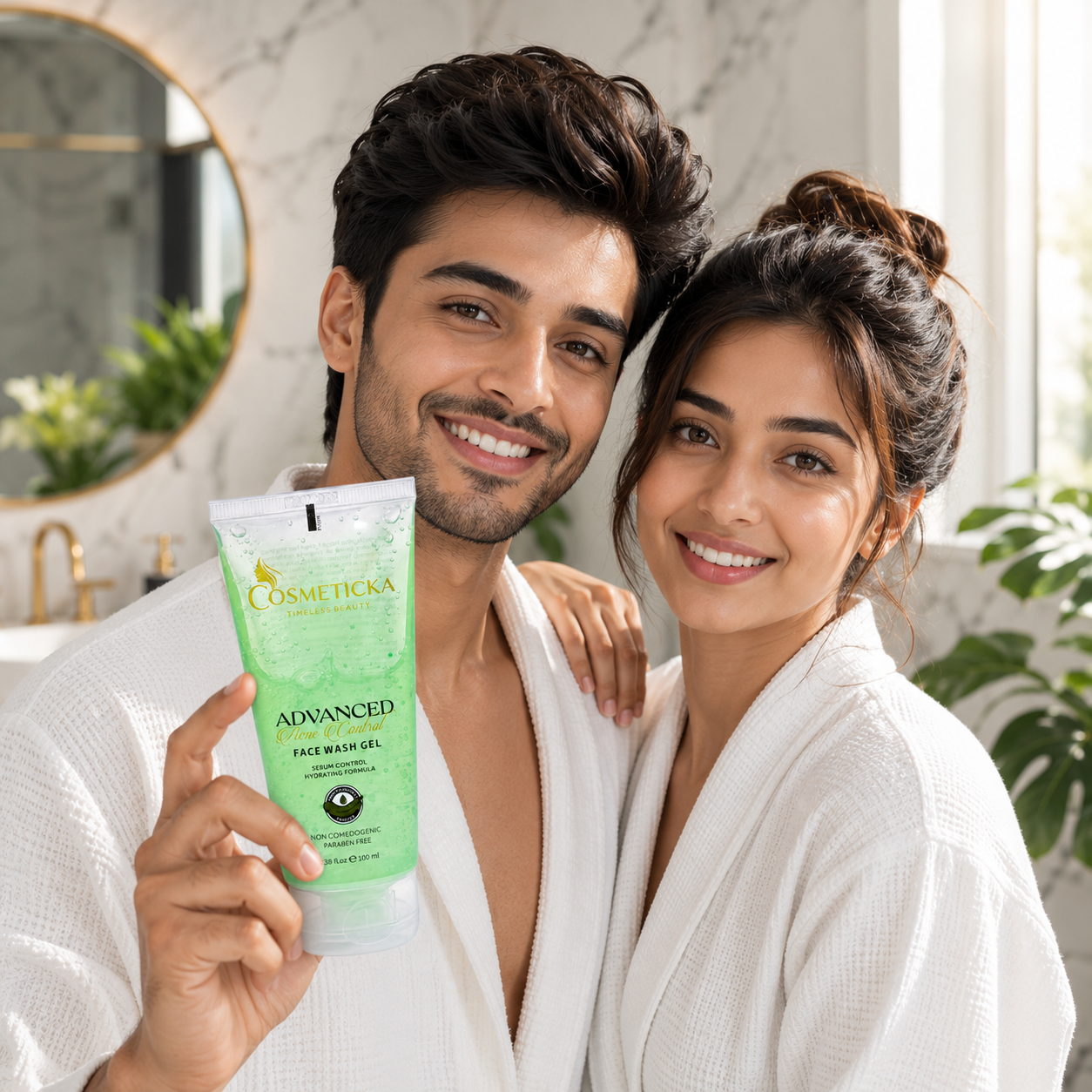 A man and a woman in white bathrobes smile while holding a tube of Cosmeticska Advanced Free Balm Gel in a bright, modern bathroom setting.