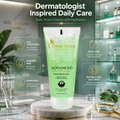 Cosmeticka Advanced Plant-Washed Face Wash Gel in a translucent green squeeze tube, displayed on a marble pedestal with informational graphic overlays in a modern, softly-lit skincare clinic setting.