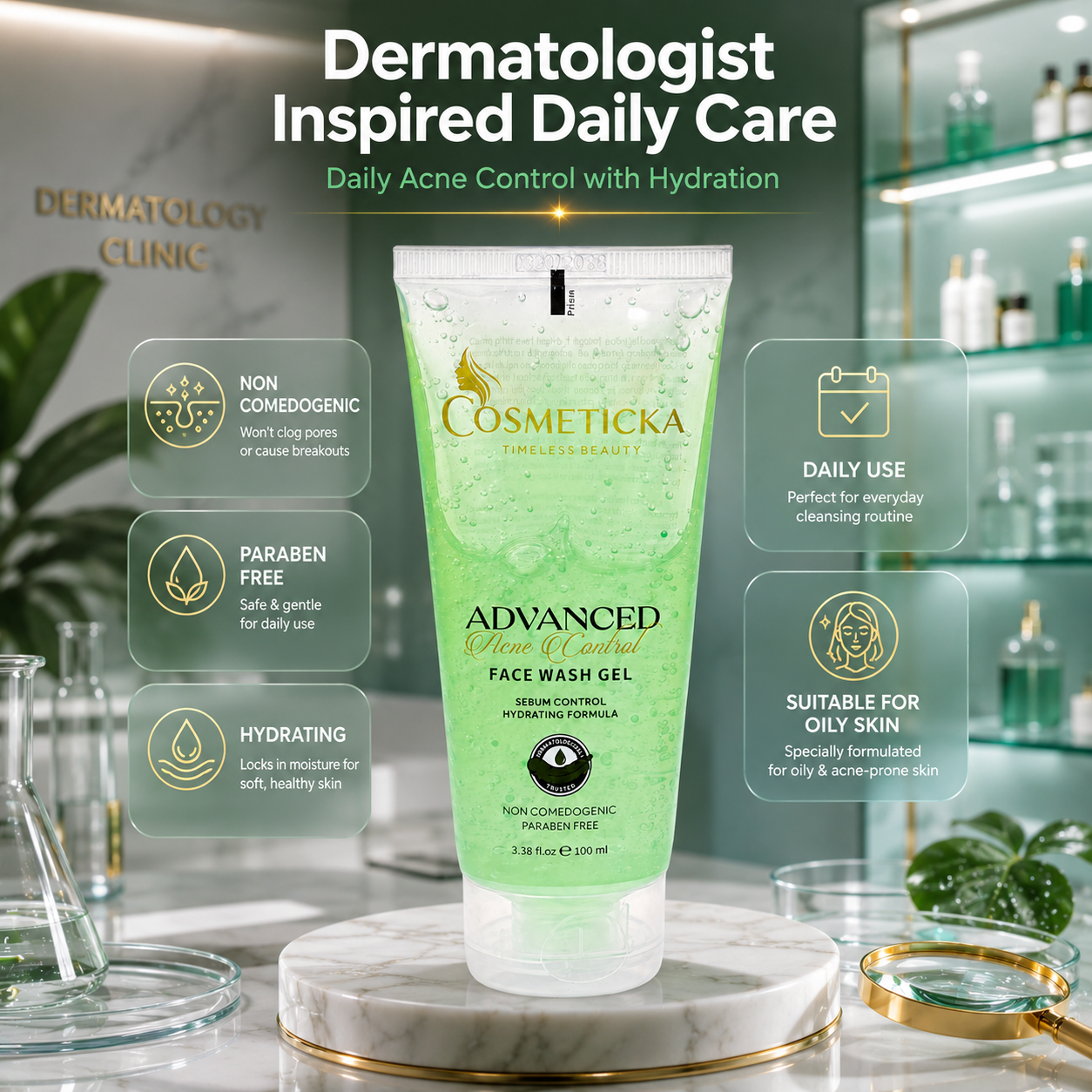 Cosmeticka Advanced Plant-Washed Face Wash Gel in a translucent green squeeze tube, displayed on a marble pedestal with informational graphic overlays in a modern, softly-lit skincare clinic setting.