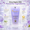 Cosmeticka Advanced Face Wash Gel in a lavender purple tube, presented on a light purple and white background with decorative botanical elements and text highlighting key ingredients like glycolic acid, salicylic acid, aloe vera, and glycerin.