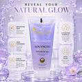 Cosmeticka Advanced Glow Face Wash Gel in a lavender purple tube, displayed in a clean, stylized studio setting with decorative water droplets, purple flowers, and informational callout boxes on a white background.