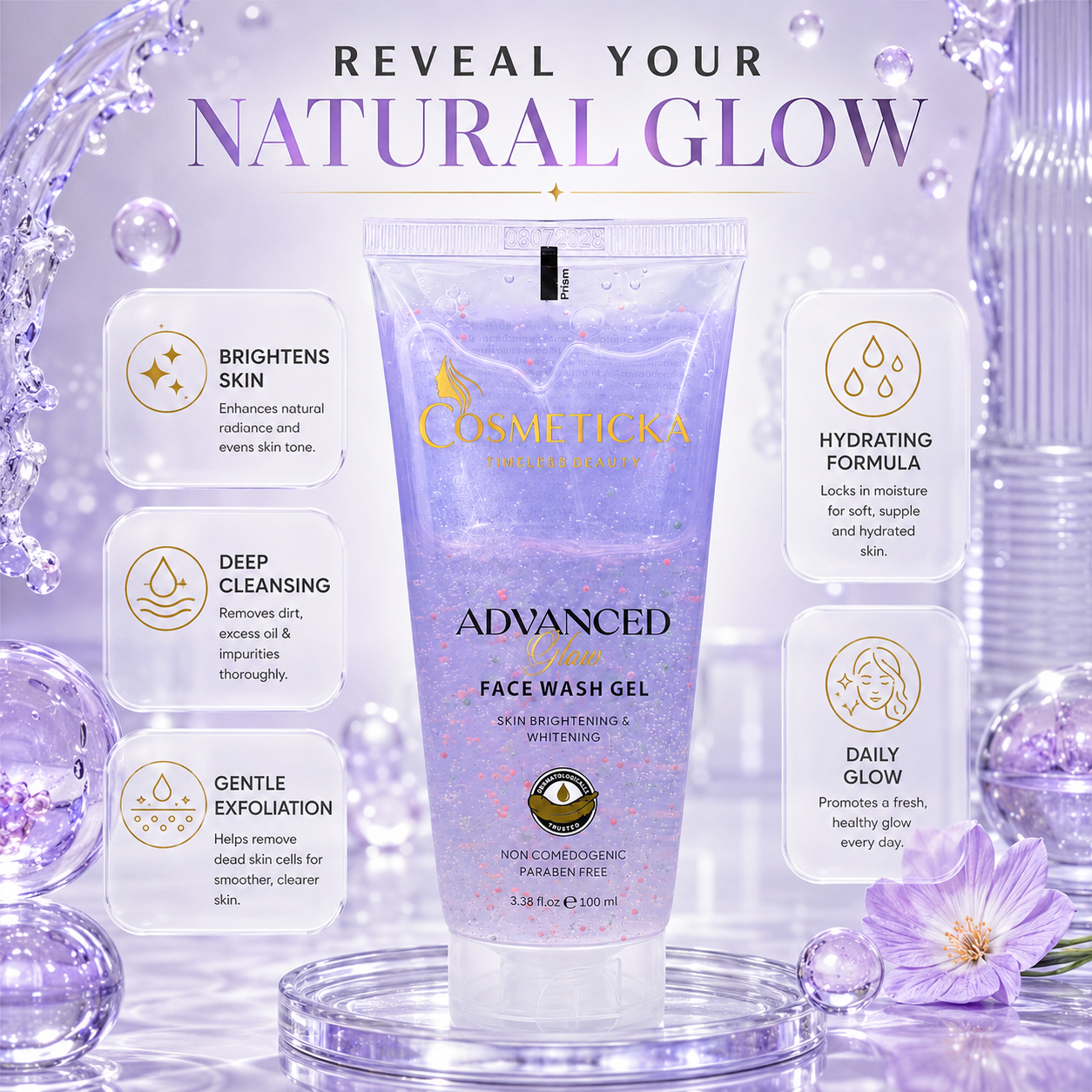Cosmeticka Advanced Glow Face Wash Gel in a lavender purple tube, displayed in a clean, stylized studio setting with decorative water droplets, purple flowers, and informational callout boxes on a white background.