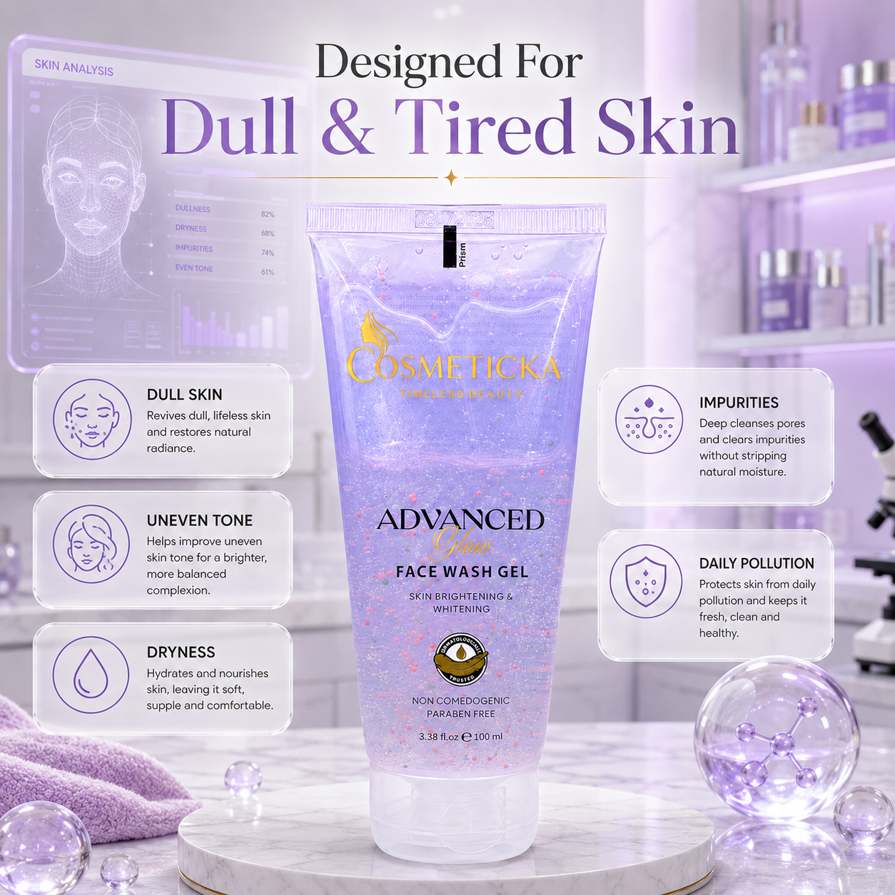 Cosmeticcka Advanced Vito Face Wash Gel tube centered on a purple-toned promotional background with text reading 'Designed For Dull & Tired Skin' and feature callouts around it.