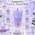 Cosmeticka Advanced Glow Face Wash Gel in a lavender tube, presented on a white marble slab with six circular feature callouts explaining its benefits for dull and tired skin, set against a futuristic laboratory background.