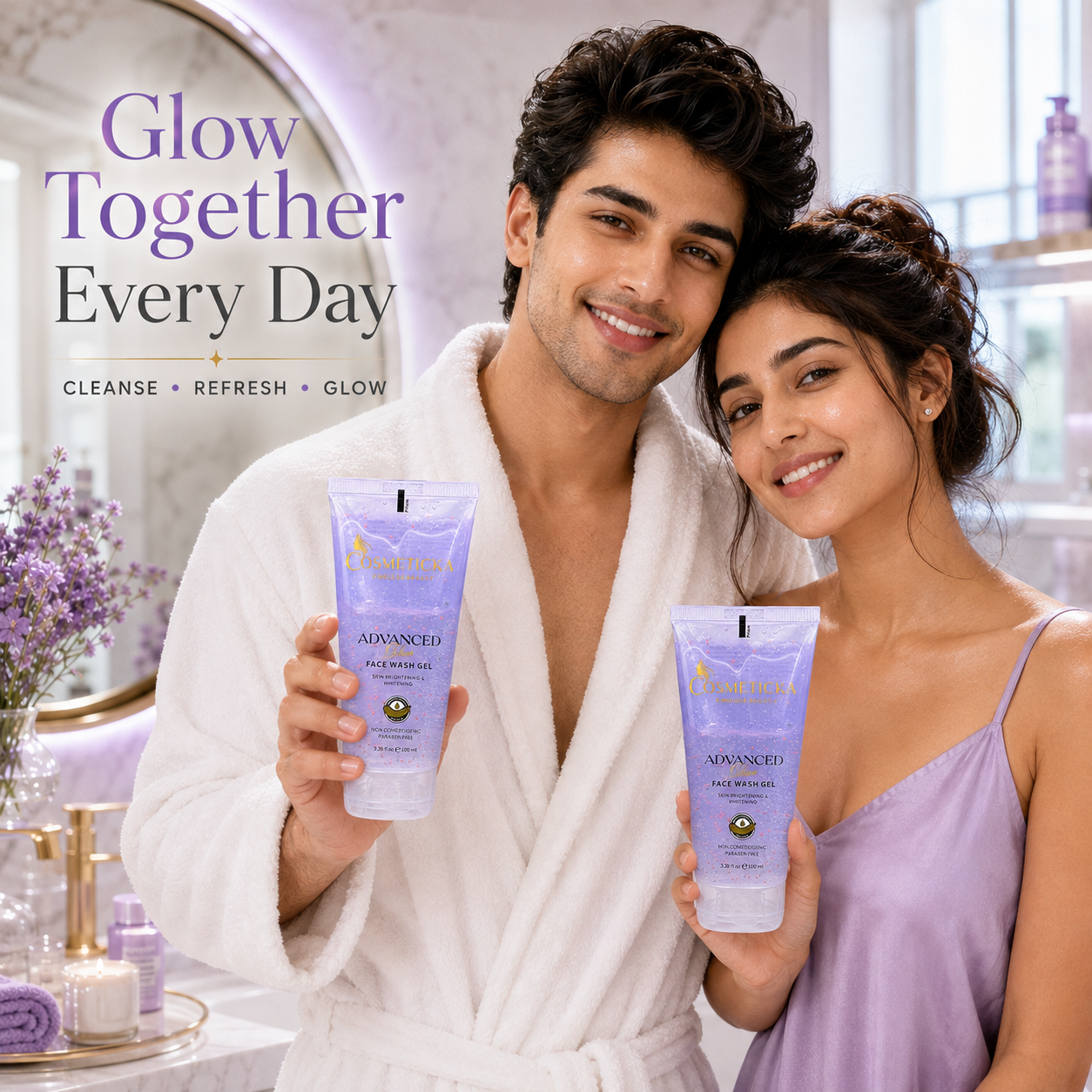 A man in a white bathrobe and a woman in a lavender robe stand together in a bathroom setting, each holding a tube of The Ordinary Advanced Night Repair cream. Large promotional text on the left reads 'Glow Together Every Day' with smaller text 'CLEANSE • REFRESH • GLOW'.