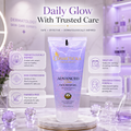 Cosmeticka Advanced Face Wash Gel in a lavender purple squeeze tube, displayed on a marble pedestal with decorative glass spheres and a purple-toned laboratory background. The image includes marketing text callouts highlighting key product features.