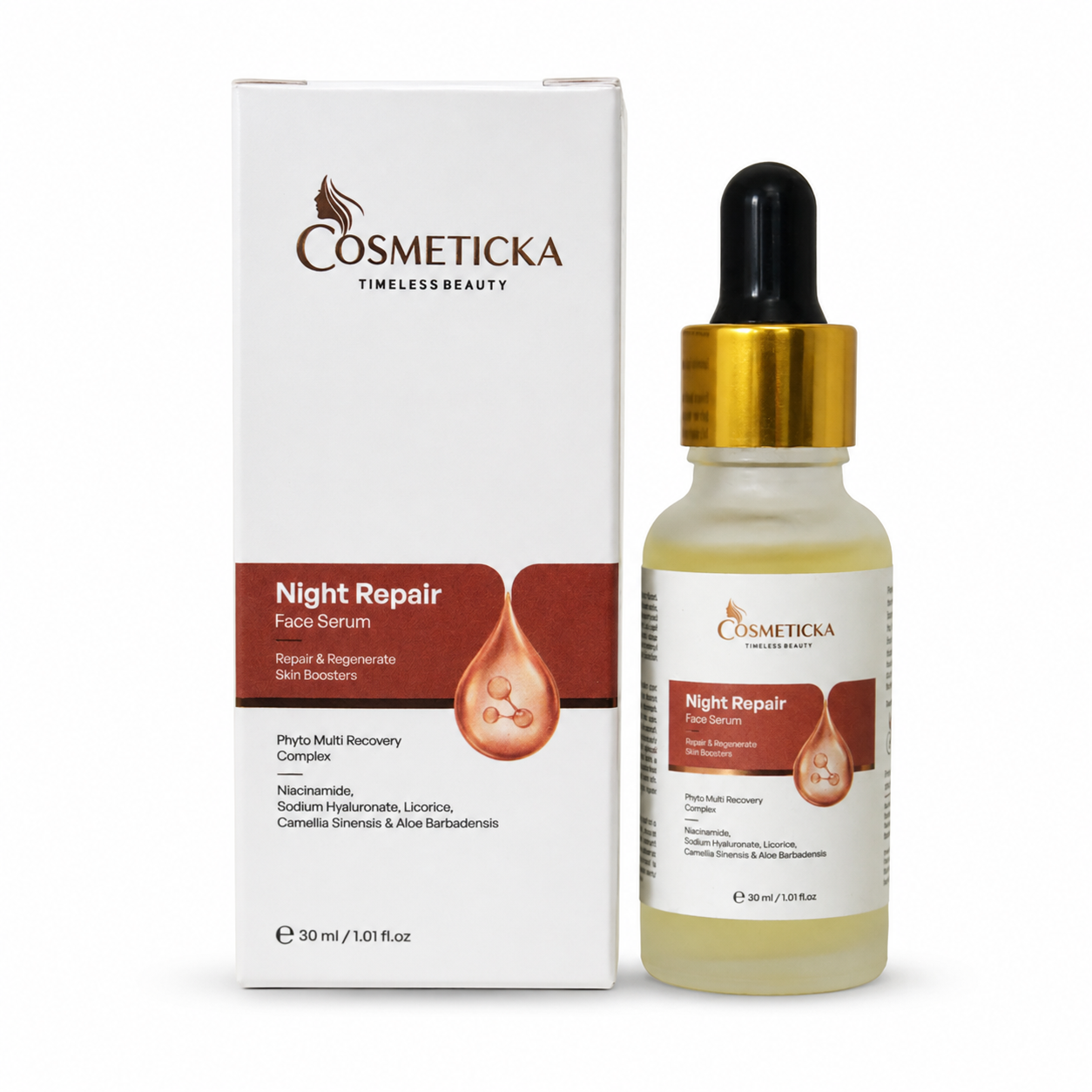 Cosmeticka Night Repair Face Serum 30ml bottle with a gold dropper cap next to its white and brown packaging box, on a white background.