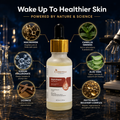 A bottle of Cosmeticka Night Repair Face Serum centered on a dark laboratory-style background with glassware. The bottle has a gold dropper cap and a cream-colored liquid inside.