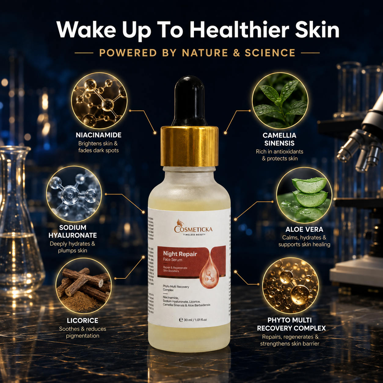 A bottle of Cosmeticka Night Repair Face Serum centered on a dark laboratory-style background with glassware. The bottle has a gold dropper cap and a cream-colored liquid inside.