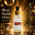 Cosmetica Night Repair Face Serum in a 50ml glass dropper bottle, set against a luxurious golden background with glowing bubbles and text highlighting its overnight repair benefits.