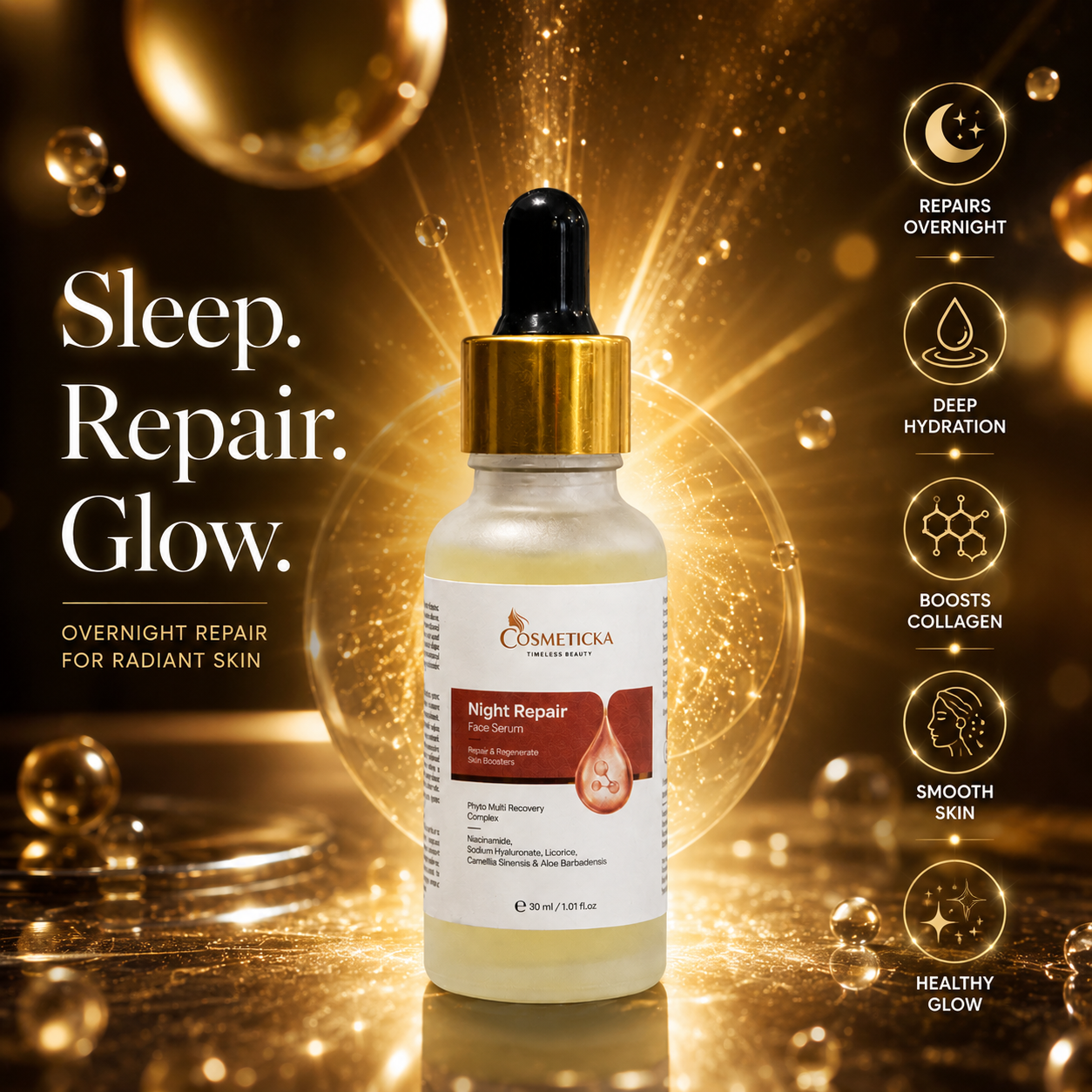 Cosmetica Night Repair Face Serum in a 50ml glass dropper bottle, set against a luxurious golden background with glowing bubbles and text highlighting its overnight repair benefits.