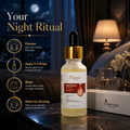 Cosmetica Night Repair serum bottle with a gold dropper cap, set on a dark marble table in a dimly lit bedroom scene with promotional text on the left.