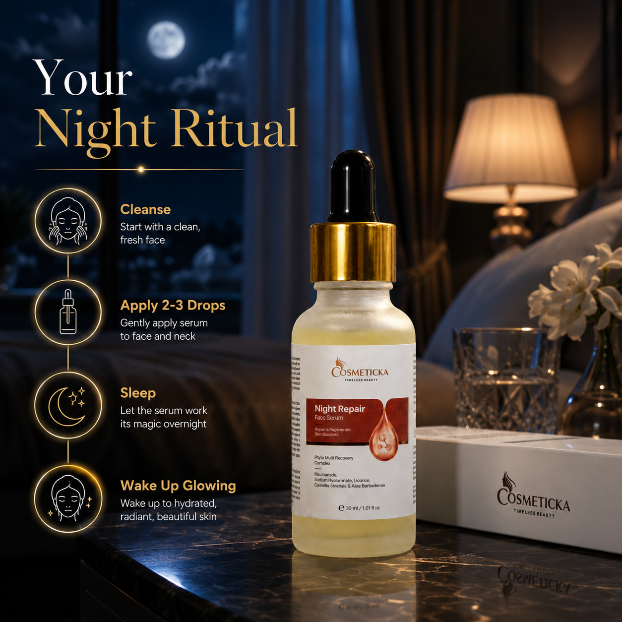 Cosmetica Night Repair serum bottle with a gold dropper cap, set on a dark marble table in a dimly lit bedroom scene with promotional text on the left.