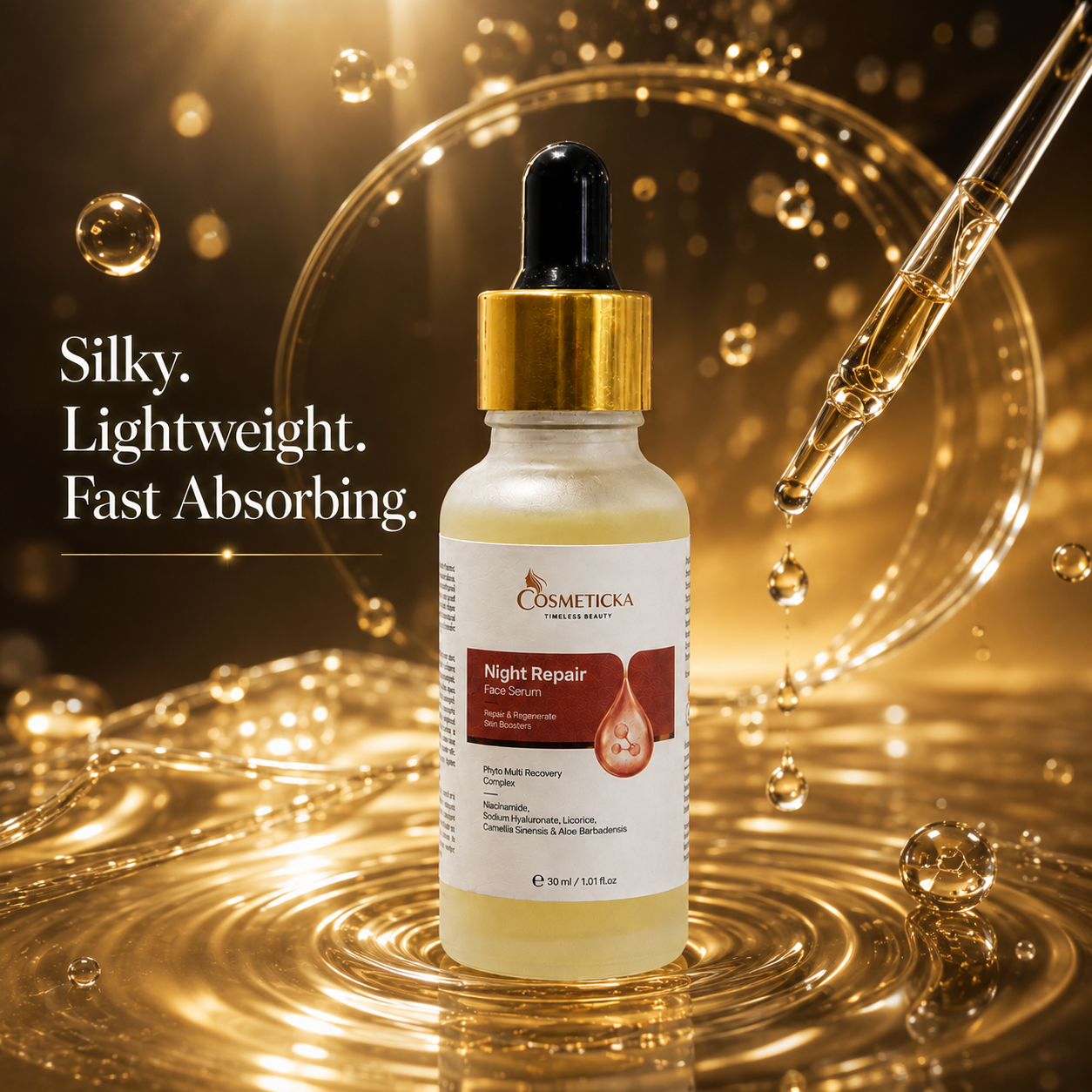 Cosmetica Night Repair Retinol Serum in a frosted glass dropper bottle with a gold cap, set against a luxurious golden background with liquid droplets and text overlays.