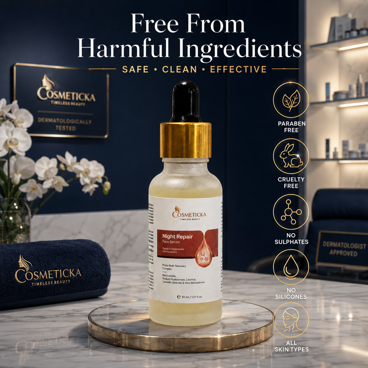 Cosmeticka Timeless Beauty Night Repair Hyalucrem serum in a frosted glass dropper bottle with a gold collar, displayed on a marble tray with promotional text and icons on a dark blue background.