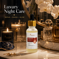 Cosmetica Night Repair Facial Cleanser bottle displayed on a marble tray with luxury spa props including a lit candle, moon mask, and orchids in the background.