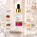 Cosmetica Intense Brightening Serum bottle centered on a reflective white surface, surrounded by floating glass dropper elements and callout circles detailing key ingredients and benefits.