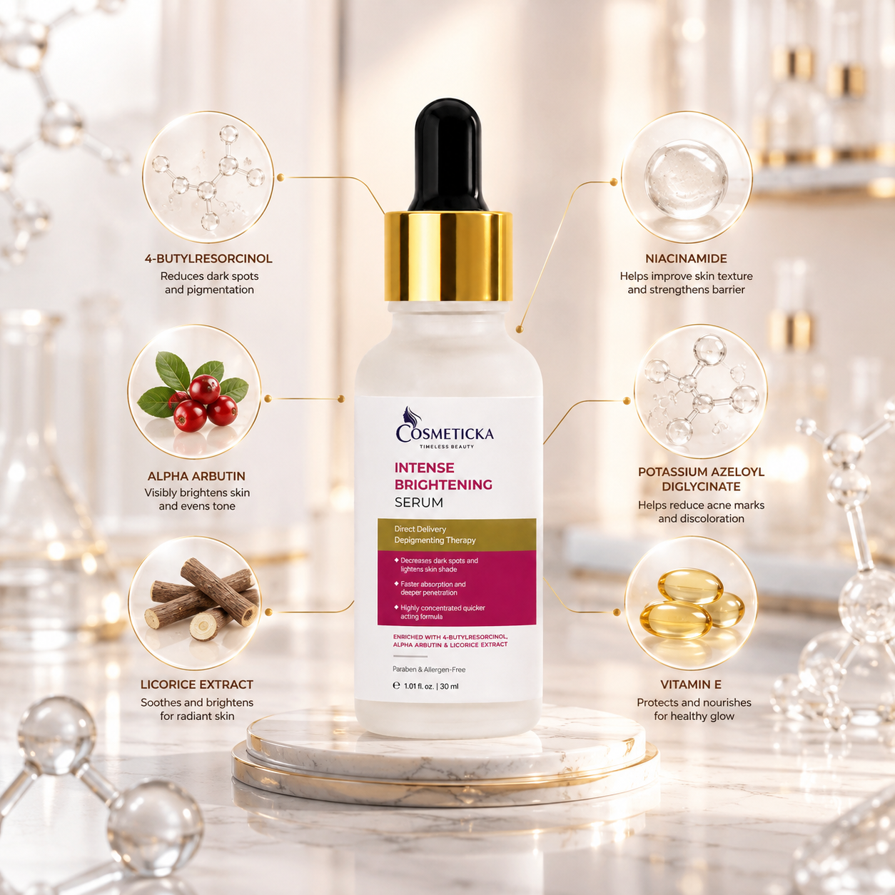 Cosmetica Intense Brightening Serum bottle centered on a reflective white surface, surrounded by floating glass dropper elements and callout circles detailing key ingredients and benefits.