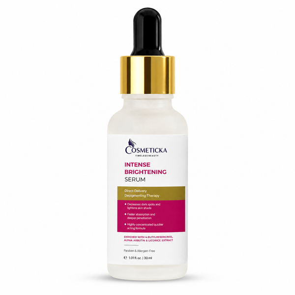 Cosmeticcka Intense Brightening Serum in a frosted glass dropper bottle with a gold collar and black dropper top, on a white background.