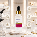 Cosmeticka Intense Brightening Serum bottle displayed on a marble pedestal in a bright skincare studio setting, surrounded by informational callouts about product benefits such as paraben free, cruelty free, and dermatologist tested.